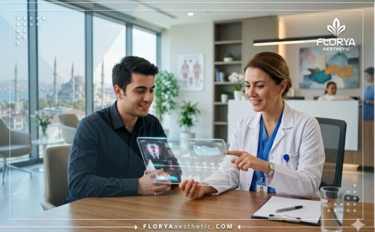 طبيب محترف يستخدم جهازا لوحيا متطورا لشرح خطة علاج الصوت الطفولي في تركيا للمريض