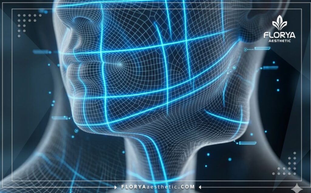 مسح ثلاثي الأبعاد دقيق لشبكة الوجه الرقمية يظهر تفاصيل العلاج