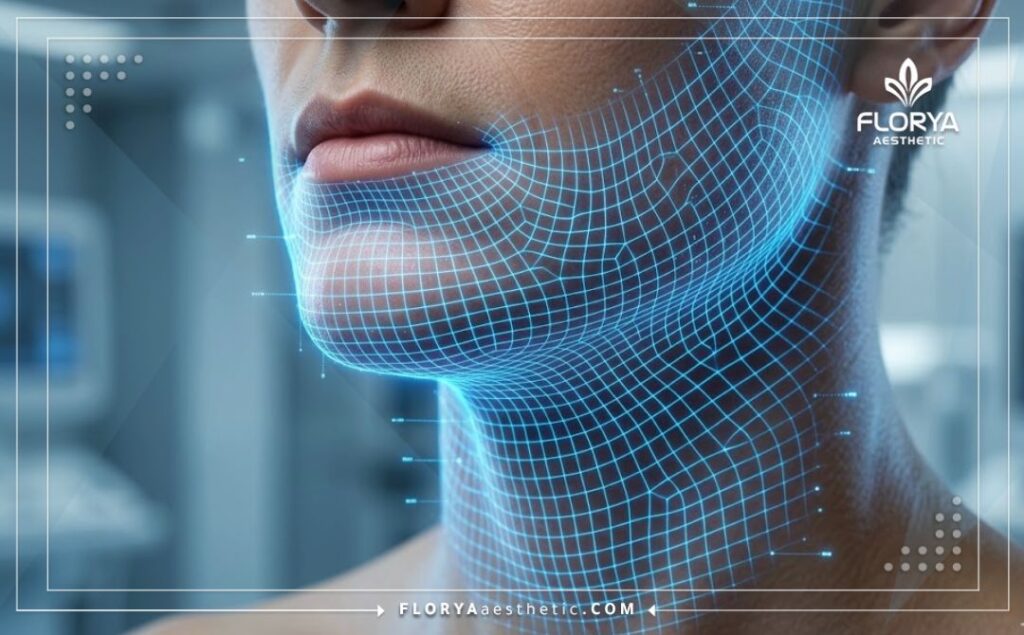 Modélisation 3D avancée de la zone du menton et de la mâchoire avec maillage topographique.