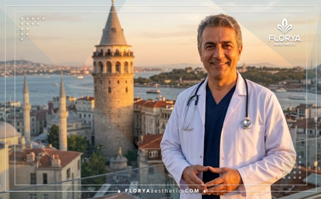 Médecin esthétique souriant accueillant les patients avec une vue magnifique d'Istanbul.