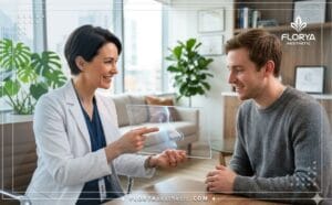 طبيب محترف يشرح خطة جراحة تجميل الأنف الثانوية للمريض باستخدام تقنيات رقمية حديثة