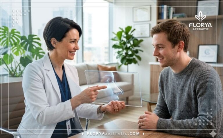 طبيب محترف يشرح خطة جراحة تجميل الأنف الثانوية للمريض باستخدام تقنيات رقمية حديثة