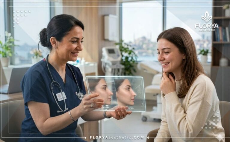 طبيب مختص يشرح خطة تجميل الأنف قبل وبعد في تركيا باستخدام جهاز لوحي متطور