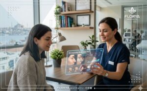 طبيب خبير يشرح للمريض مخاطر تجميل الأنف في تركيا باستخدام تقنية التخطيط الرقمي المتقدمة في عيادة حديثة