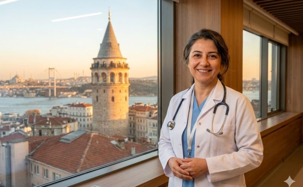Médecin souriant devant le Bosphore à Istanbul.