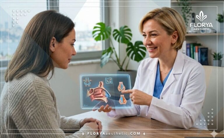 طبيب خبير يشرح خطة تعديل الحاجز الأنفي في تركيا للمريض باستخدام جهاز لوحي متطور