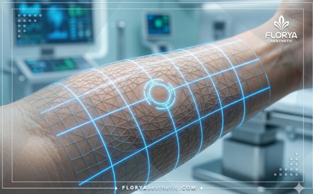Modélisation 3D de la peau du visage illustrant la précision du traitement esthétique.