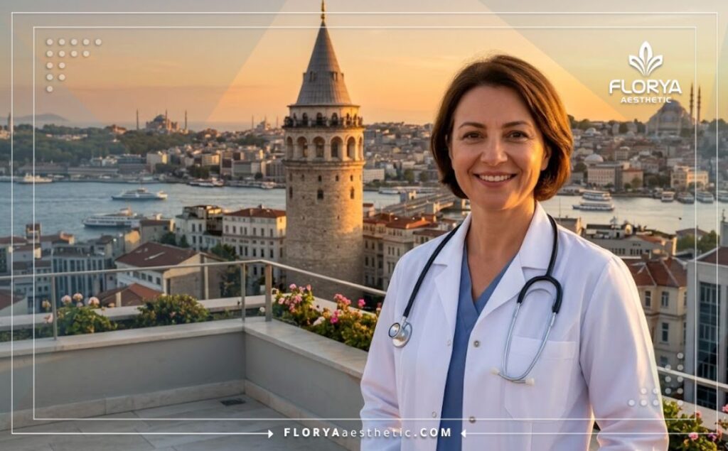 Médico especialista sonriente en Estambul frente al puente del Bósforo