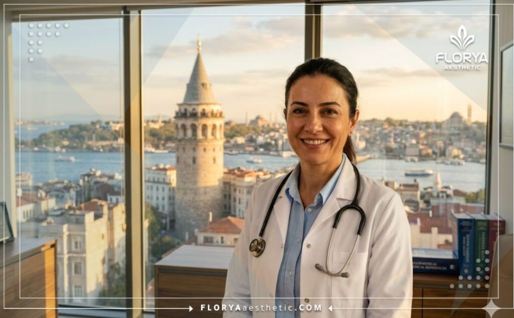 Welcoming cosmetic doctor with an Istanbul Bosphorus background