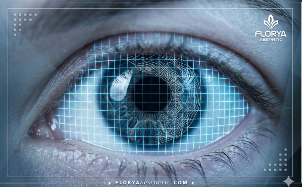 Futuristic 3D macro scan of a human eye and iris showing laser precision.
