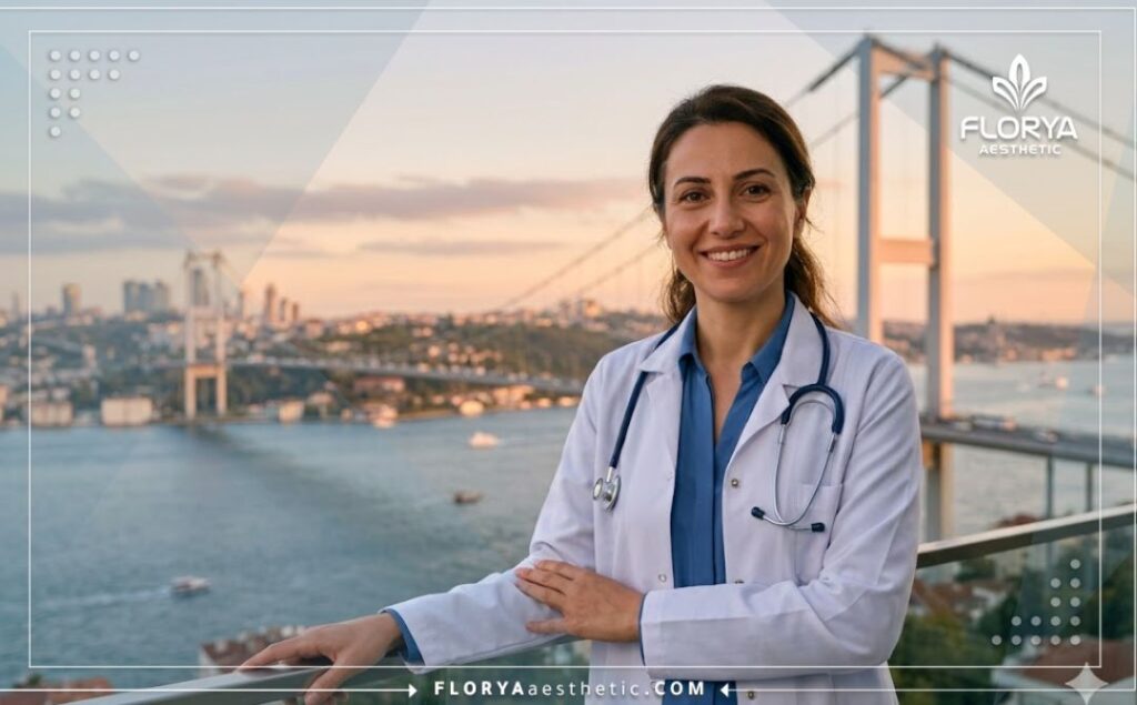 Friendly eye specialist standing confidently in Istanbul near the Bosphorus.