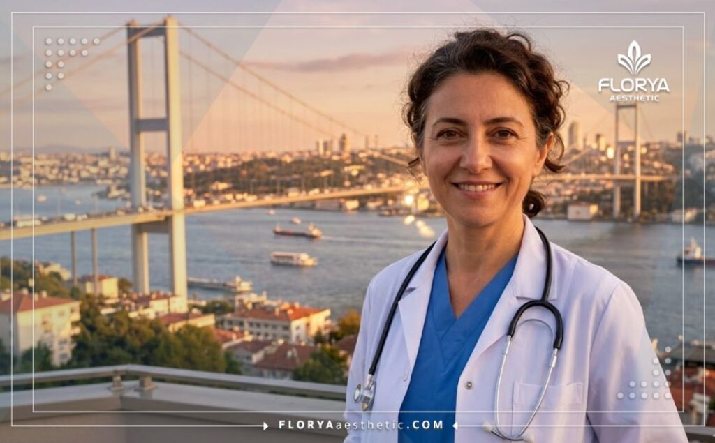 طبيب ودود يرحب بالمرضى في عيادة التجميل مع معالم اسطنبول في الخلفية.
