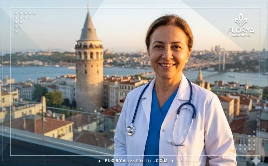 Doctor amigable dando la bienvenida con una vista icónica de Estambul al atardecer.