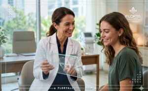 Professional doctor explaining a Thread Dimpleplasty treatment plan using advanced transparent tech