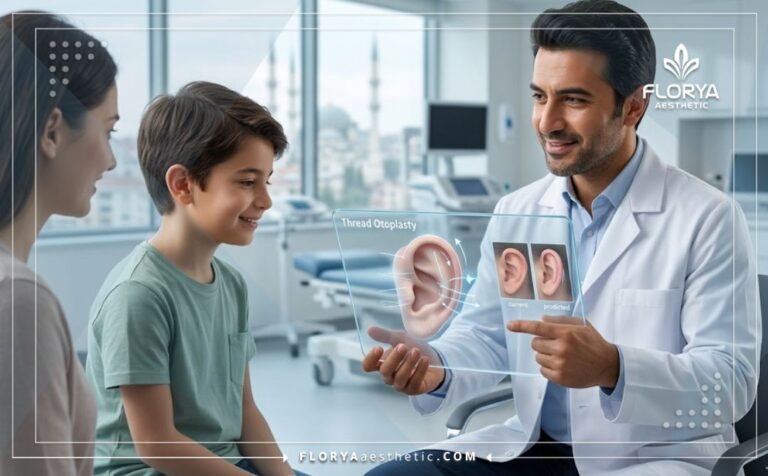 Professional doctor explaining Thread Otoplasty in Turkey using a transparent digital tablet.
