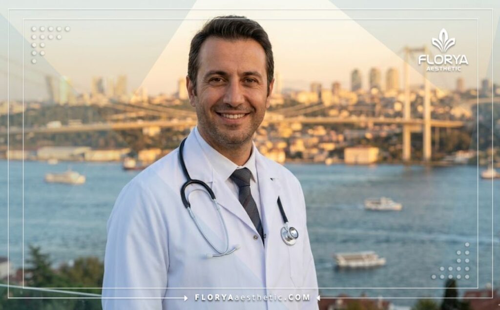 Friendly aesthetic doctor smiling warmly with the Bosphorus Bridge in Istanbul in the background.