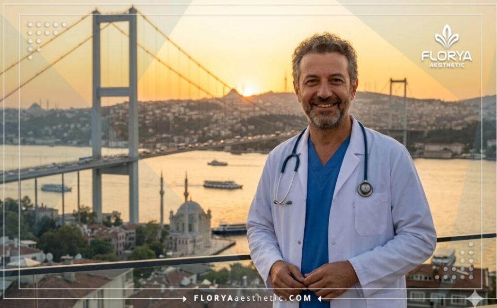 طبيب تجميل يبتسم مع خلفية لمعالم إسطنبول الشهيرة