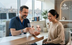 طبيب خبير يشرح خطة تجميل أرنبة الأنف في تركيا للمريض باستخدام جهاز لوحي متطور