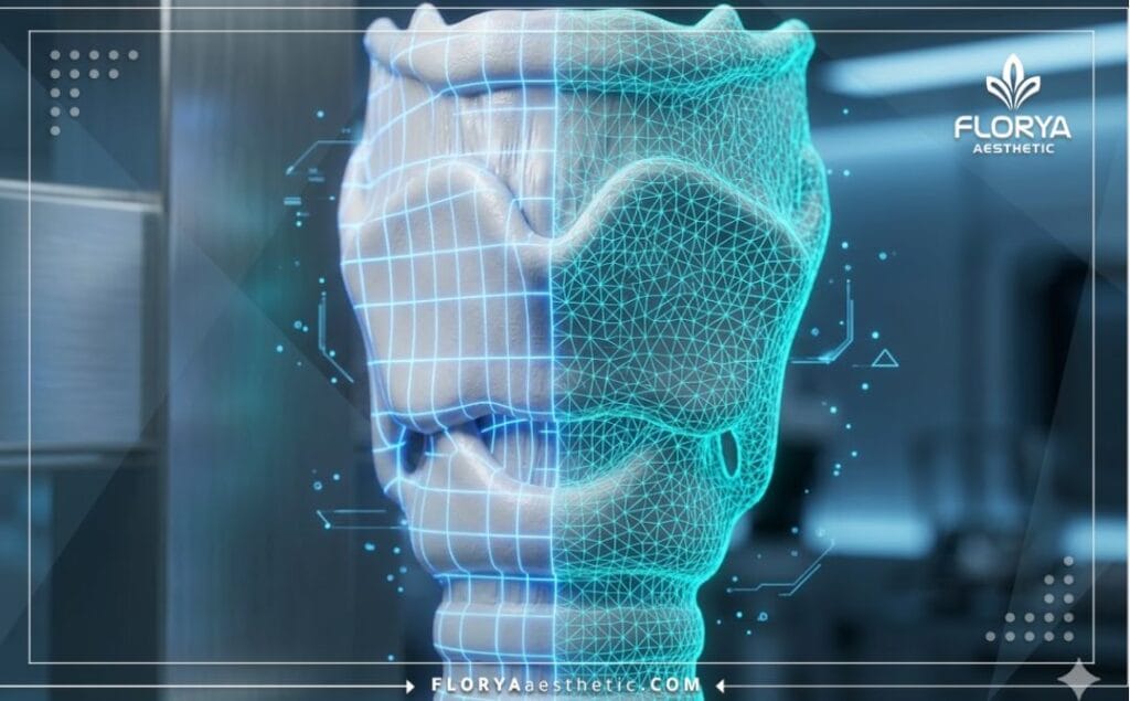 فحص رقمي ثلاثي الأبعاد دقيق يركز على منطقة الحنجرة والأحبال الصوتية