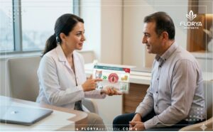 طبيب خبير يعرض خطة توضح تكلفة حقن الحبال الصوتية في تركيا باستخدام جهاز لوحي متطور.