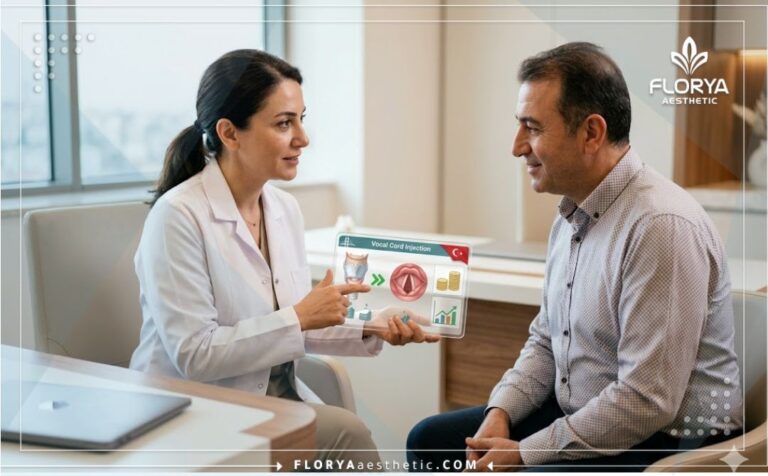 طبيب خبير يعرض خطة توضح تكلفة حقن الحبال الصوتية في تركيا باستخدام جهاز لوحي متطور.