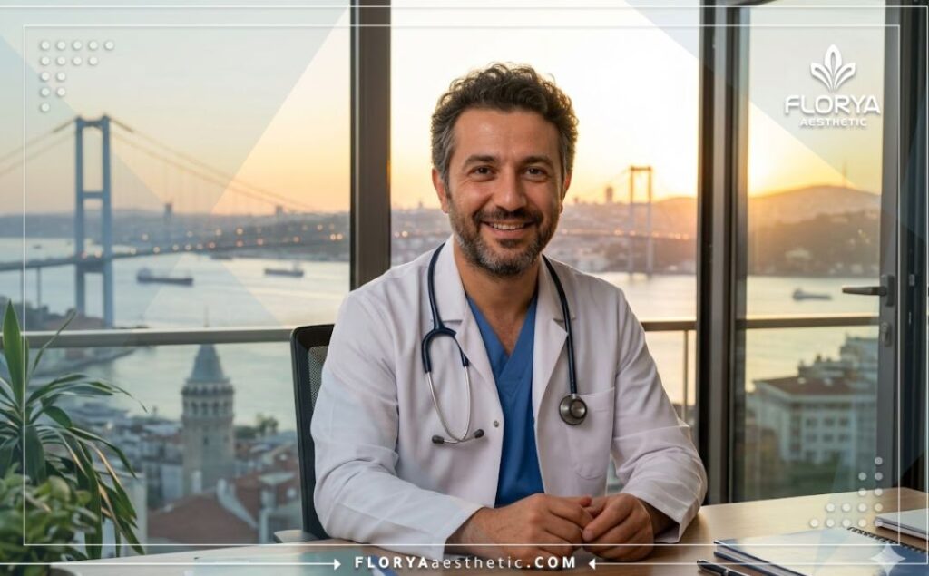 Doctor amable con el puente del Bósforo en Estambul de fondo