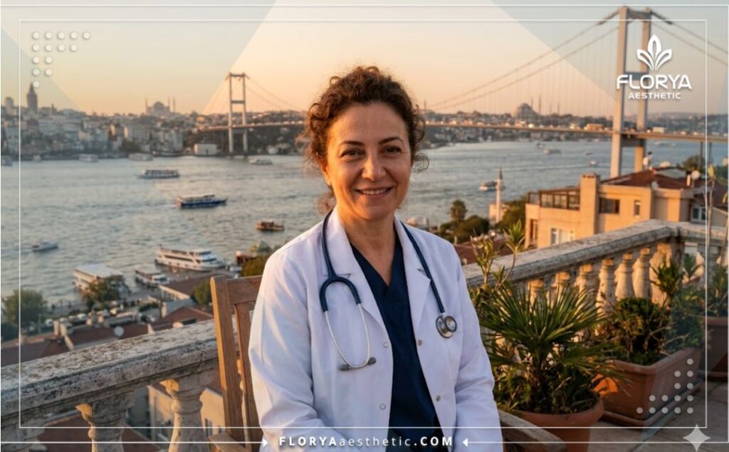 طبيب ودود يرحب بالمريض مع خلفية لمدينة إسطنبول