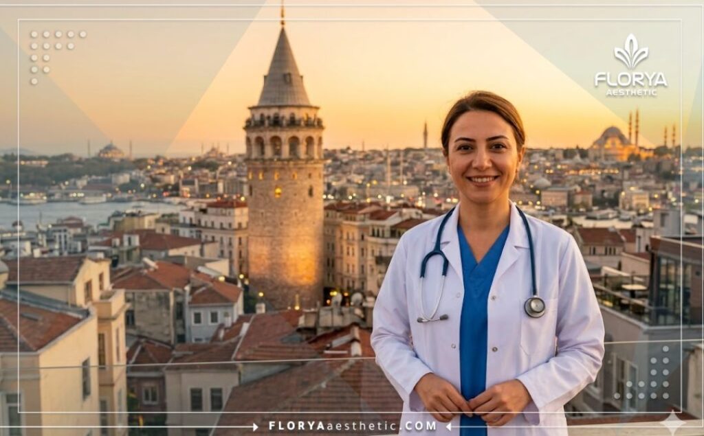 طبيب ودود يرحب بالمرضى في إسطنبول مع ظهور معلم سياحي شهير في الخلفية.