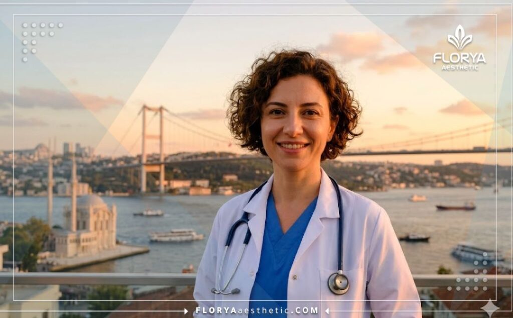 طبيب ودود يرحب بالمرضى في إسطنبول لتقديم استشارات حول جراحة الحبال الصوتية مع خلفية لجسر البوسفور