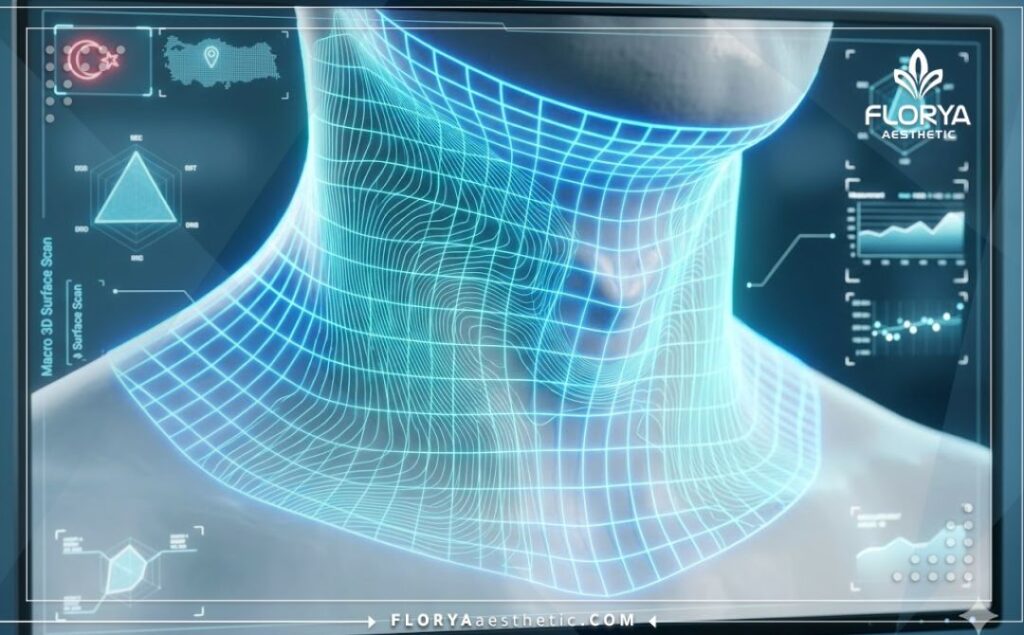 مسح رقمي ثلاثي الأبعاد دقيق يركز على منطقة الحنجرة والأوتار الصوتية بتصميم شبكي تكنولوجي متطور.