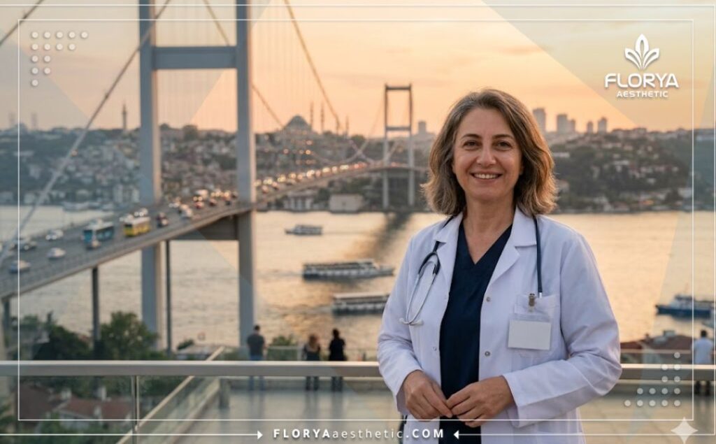 طبيب ودود يرحب بالمرضى في إسطنبول مع ظهور جسر البوسفور في الخلفية.