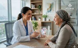 طبيب يشرح خطة عمليات الحبال الصوتية في تركيا للمريض عبر شاشة رقمية متطورة