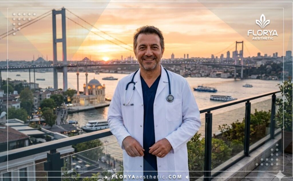 Welcoming medical professional standing in front of the Bosphorus Bridge in Istanbul.