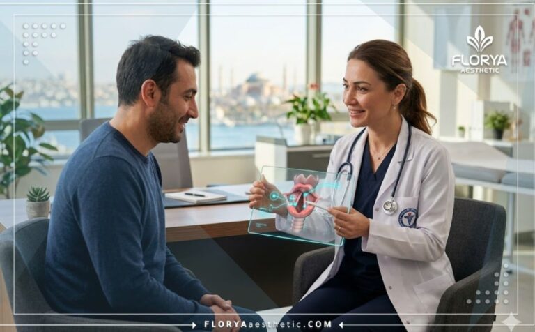 طبيب محترف يستخدم تقنية رقمية متطورة لشرح جراحة الحبال الصوتية في تركيا للمريض في عيادة حديثة.