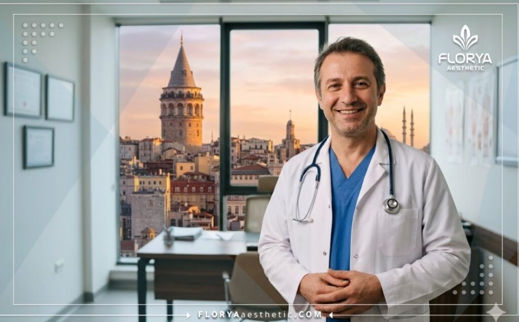 طبيب يبتسم ويرحب بالمرضى مع خلفية جسر البوسفور في اسطنبول