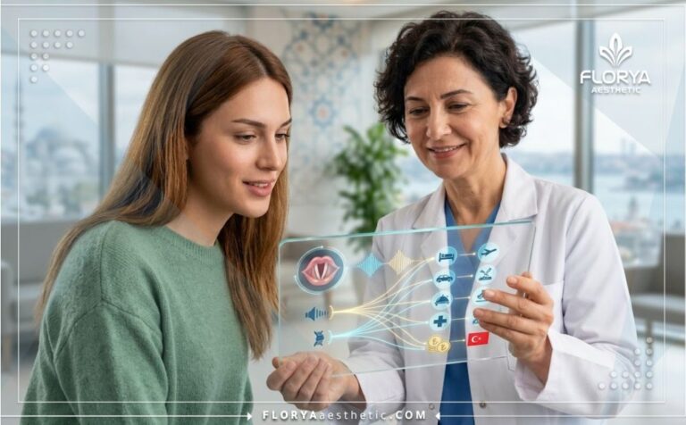 طبيب محترف يشرح تكلفة عملية تجميل الصوت في تركيا للمريض عبر جهاز لوحي.