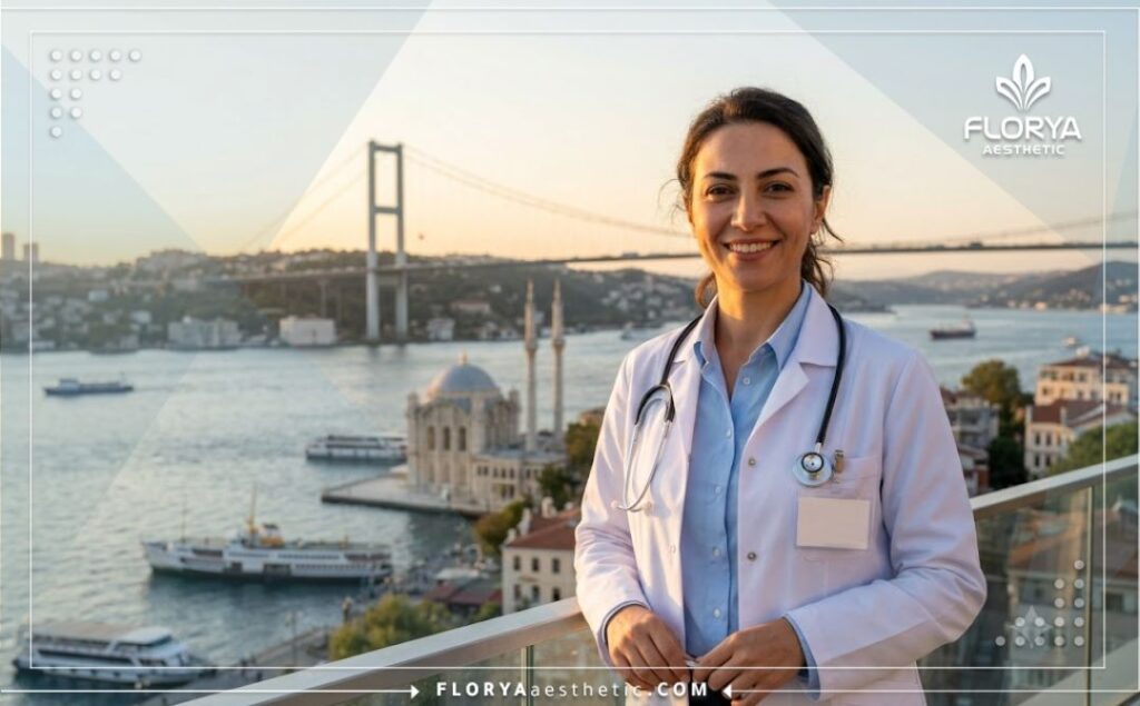 Friendly doctor welcoming patients with the Bosphorus Bridge in Istanbul in the background.