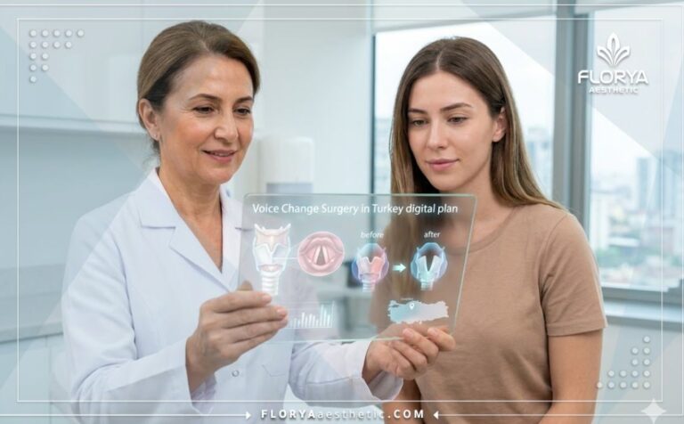 طبيب يشرح خطة تغير الصوت جراحيا في تركيا للمريض باستخدام جهاز لوحي متطور.