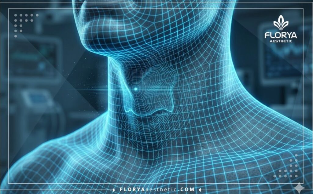 مسح رقمي ثلاثي الأبعاد ثلاثي الأبعاد ومتقدم لمنطقة الرقبة والحنجرة يوضح دقة التخطيط الطبي الهيكلي للحبال الصوتية.