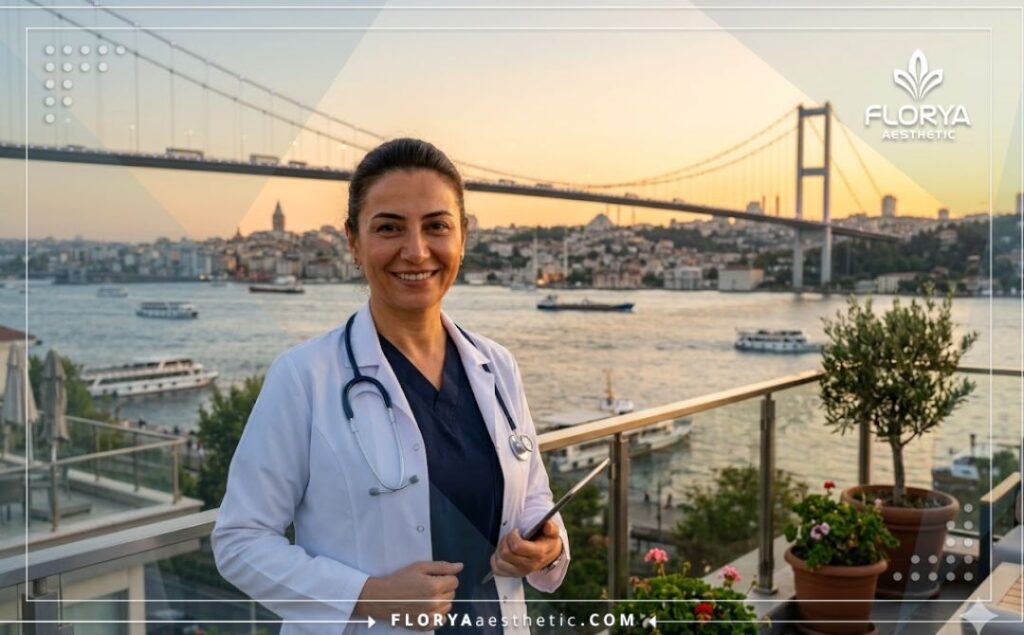 طبيب مبتسم يرحب بالمرضى مع خلفية جسر البوسفور في إسطنبول
