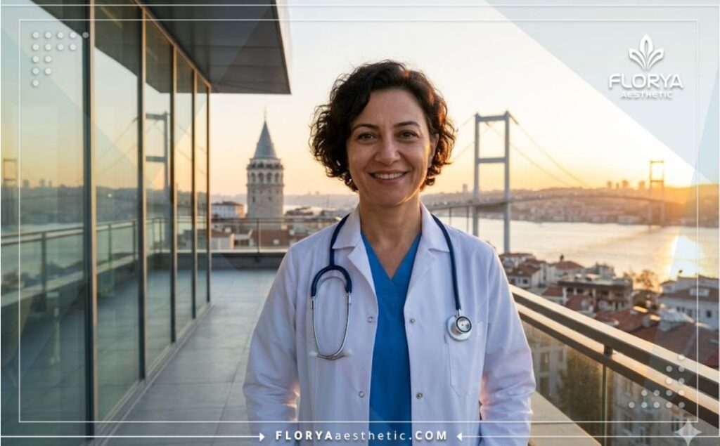Médico sonriendo con la ciudad de Estambul de fondo