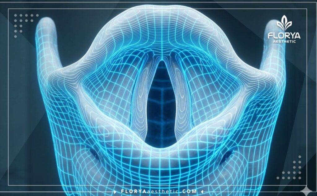 Scan 3D détaillé et futuriste de la zone des cordes vocales
