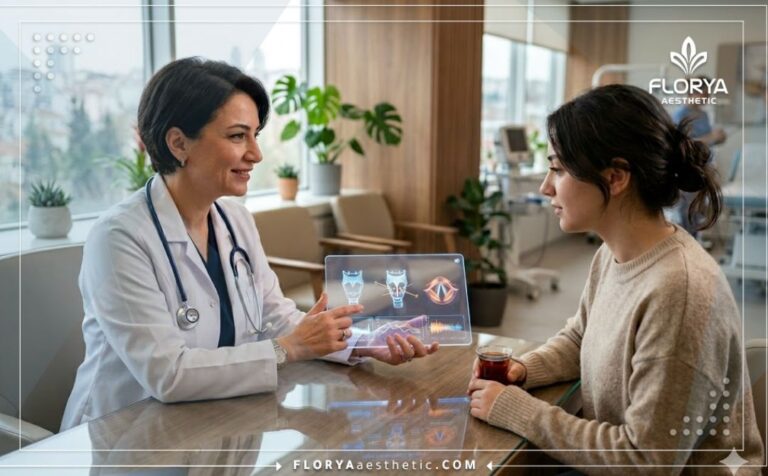 طبيب محترف يستخدم جهازا لوحيا لشرح خطة عملية ترفيع الصوت في تركيا للمريض