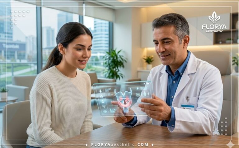 طبيب محترف يشرح خطة جراحة خفض طبقة الصوت في تركيا للمريض باستخدام تقنية التابلت الشفاف.
