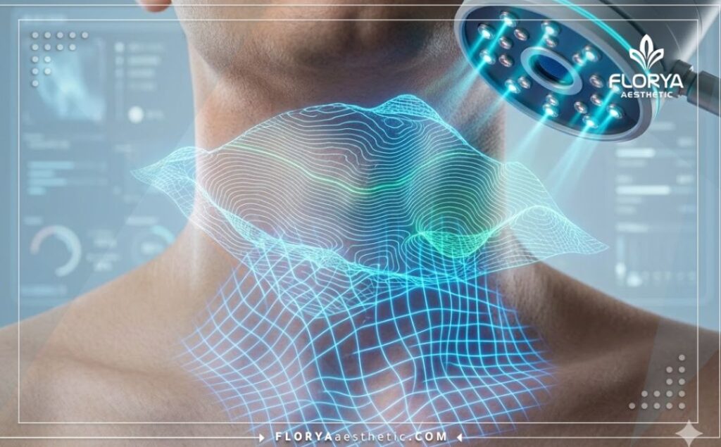 High-tech 3D surface scan of the vocal and neck area showing precision mapping