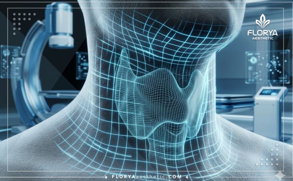 High-tech 3D macro surface scan highlighting the precise anatomical area for vocal pitch adjustment.