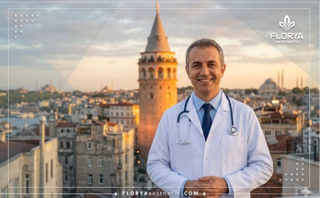 طبيب ودود يرحب بالمرضى في إسطنبول مع ظهور جسر البوسفور في الخلفية.