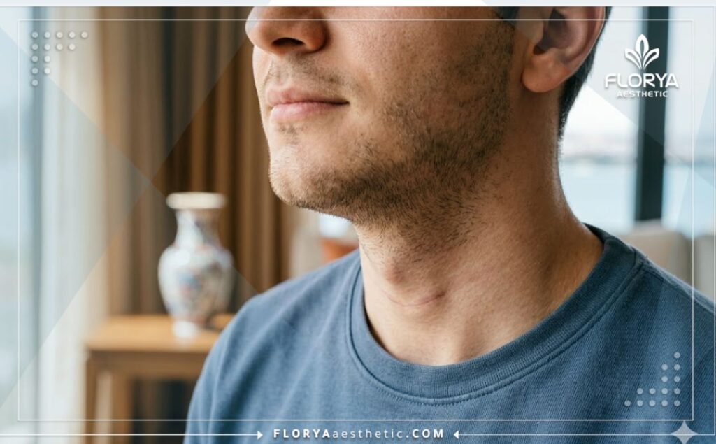 Close-up aesthetic shot highlighting the flawless and successful result of vocal masculinization.