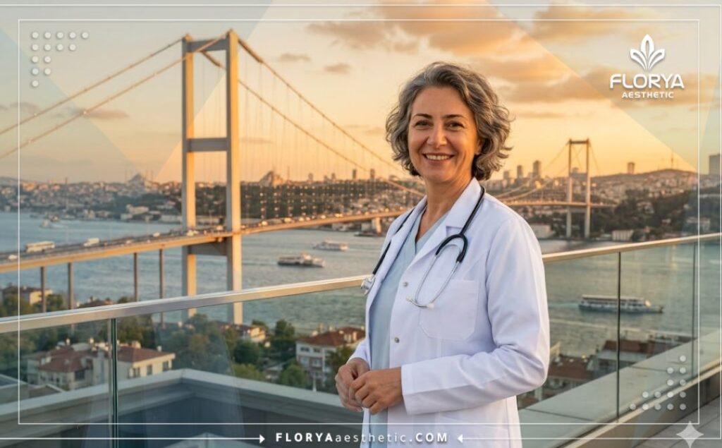 Friendly medical professional welcoming patients to Istanbul with the Bosphorus Bridge behind