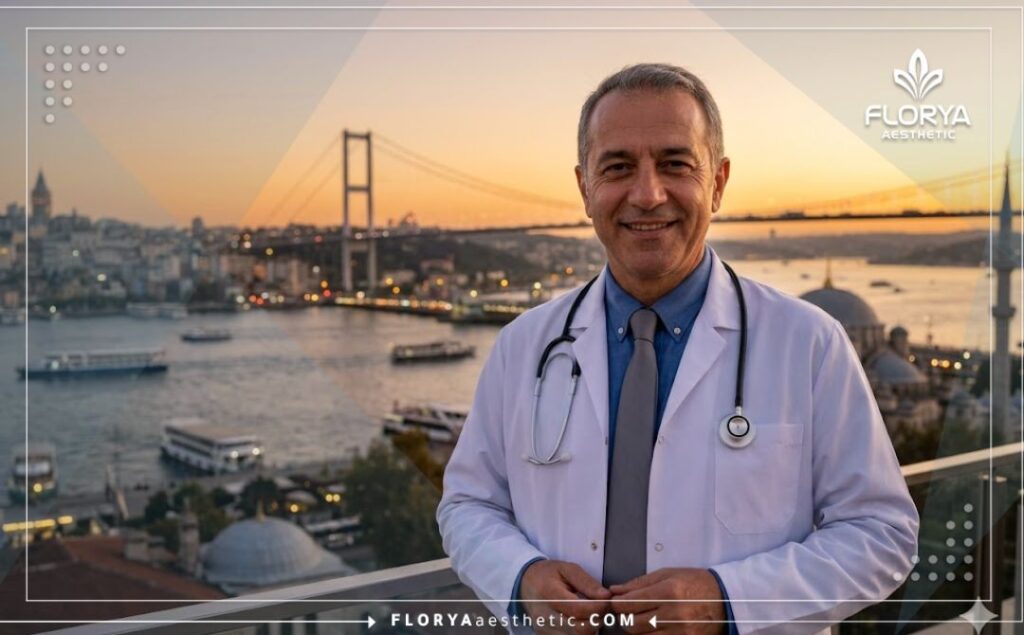 Welcoming doctor standing in front of the Bosphorus Bridge in Istanbul, ready for consultation.